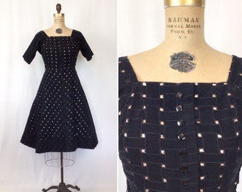 Vintage 50s dress | Vintage black corduroy fit and flare dress | 1950s full skirt cocktail dress