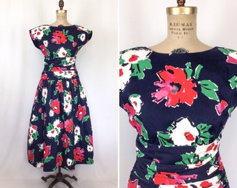 Vintage 80s dress | Vintage  floral cotton fit and flare dress | 1980s Patty O’Neil cocktail party dress