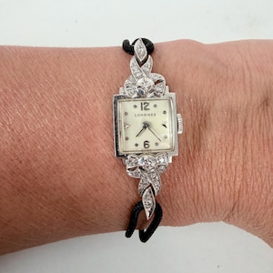 Vintage 40s Bracelet Watch | Longines 14K White Gold and Diamond Ladies Jewelry Watch