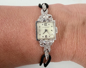 Vintage 40s Bracelet Watch | Longines 14K White Gold and Diamond Ladies Jewelry Watch