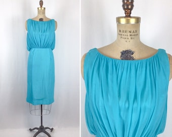 Vintage 50s dress | Vintage turquoise chiffon wiggle dress | 1950s Elinor Gay Original cocktail party dress