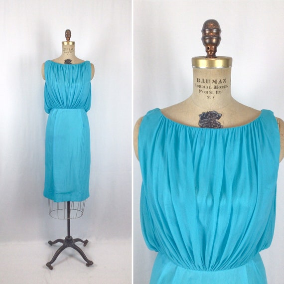 Vintage 50s dress | Vintage turquoise chiffon wig… - image 1