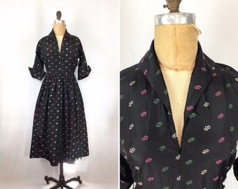 Vintage 50s dress | Vintage taffeta fit and flare dress | 1950s floral flocked day dress