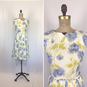 Vintage 50s dress | Vintage blue green print fit and flare dress | 1950s floral  print dress