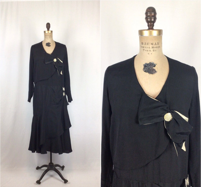 Vintage 20s Dress Vintage black silk drop waist dress 1920's silk flapper dress image 1