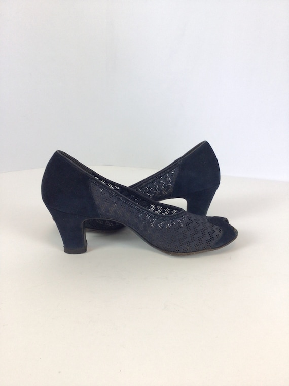 Vintage 40s shoes | Vintage blue suede peep toe h… - image 3