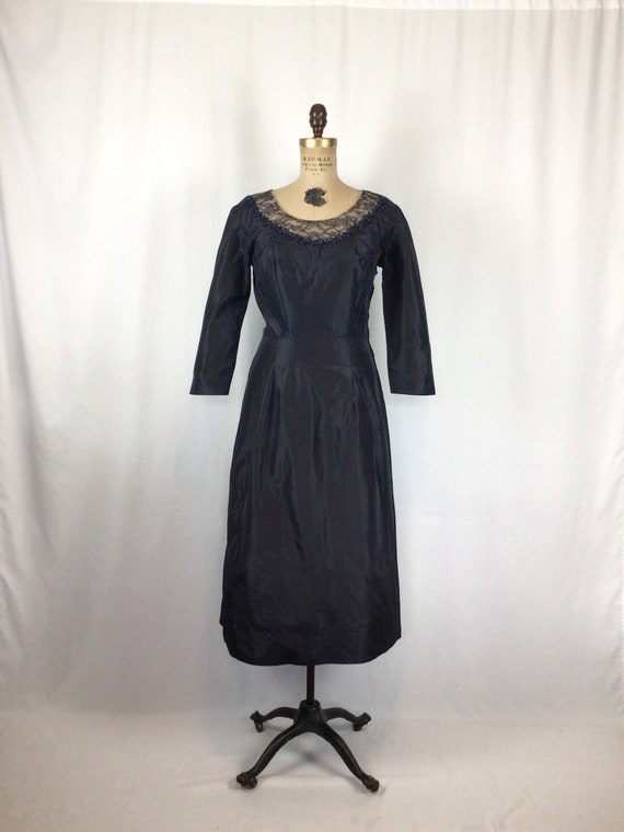 Vintage 50s dress | Vintage navy silk party dress… - image 4