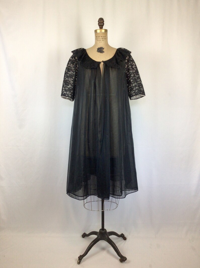 Vintage 60s robe Vintage black chiffon lace peignoir 1960s Vanity Fair sheer robe image 3