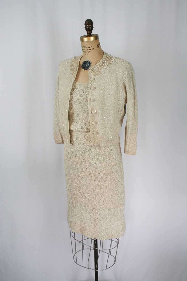 Vintage 50s knit suit Vintage hand knit two piece suit 1950s I. Magnin cardigan dress suit image 6