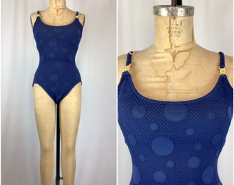 Vintage 70s swimwear | Vintage blue polka dot one piece swimsuit | 1970 royal blue bathing suit