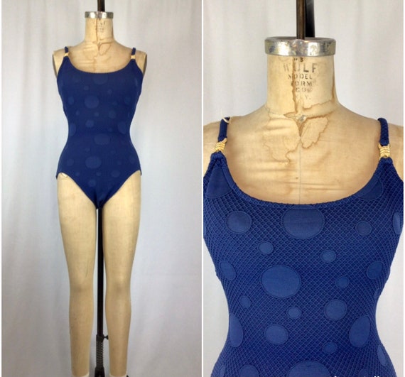 Vintage 70s swimwear | Vintage blue polka dot one… - image 1