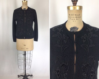 Vintage 50s beaded Cardigan | Vintage black wool beaded Cardigan | 1950's evening sweater jumper