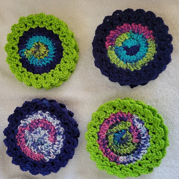 Jazz Stripe Round Lacy Crochet Coasters - Bright Greens & Navy 5 Sets