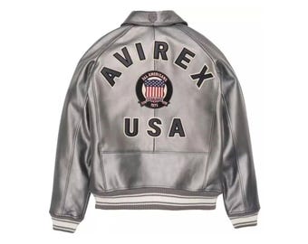 Herren Silber Leder Bomberjacke - Aviator Streetwear Mantel, USA Patch Detail