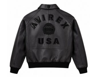 Avirex schwarze Echtleder Bomberjacke - Aviator Biker Streetwear Mantel