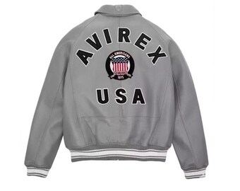 Men's Grey Leather Bomber Jacket – Aviator Streetwear Coat, Varsity Style, USA Patch