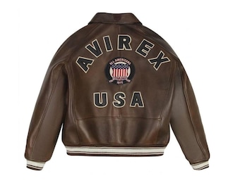 AVIREX Brown Leather Bomber Jacket, Vintage USA Varsity Flight Coat, All Americans 1975 Patch