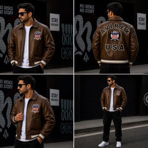 Puede incluir: Una chaqueta bomber de cuero marr&oacute;n sobre una camiseta blanca. La chaqueta tiene cuello, pu&ntilde;os acanalados a rayas y un parche frontal con una bandera estadounidense. La espalda muestra el texto AVIREX USA con un emblema circular.