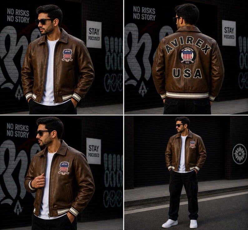 Puede incluir: Una chaqueta bomber de cuero marr&oacute;n sobre una camiseta blanca. La chaqueta tiene cuello, pu&ntilde;os acanalados a rayas y un parche frontal con una bandera estadounidense. La espalda muestra el texto AVIREX USA con un emblema circular.