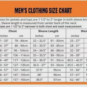 May include: A clothing size chart with an orange header titled MEN'S CLOTHING SIZE CHART. The table lists sizes from XS to 5XL with corresponding chest, sleeve length, and waist measurements in both inches and centimetres for standard, tall, and slim fits.