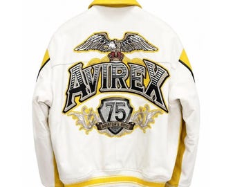 Avirex Vintage-Inspired Yellow Leather bomber Jacket – “King 75” Men’s personalized jacket, USA Icon Design