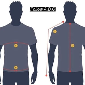May include: A sizing guide illustration featuring two dark blue silhouettes of a torso wearing a t-shirt. The graphic includes the text Follow A, B, C and uses yellow circular markers labelled A, B, C, and D to indicate specific measurement points.
