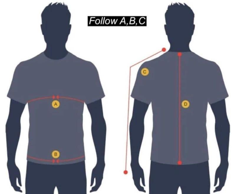 May include: A sizing guide illustration featuring two dark blue silhouettes of a torso wearing a t-shirt. The graphic includes the text Follow A, B, C and uses yellow circular markers labelled A, B, C, and D to indicate specific measurement points.