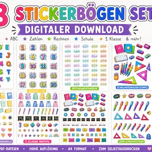Ensemble d'autocollants scolaires à télécharger | 8 planches d'autocollants | Alphabet, chiffres, problèmes de maths et motifs scolaires