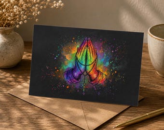Postkarte Betende Hände | Bunte Grußkarte Glauben | Karte Kommunion Konfirmation | Kreuz Rosenkranz Geschenk | Christliches Motiv