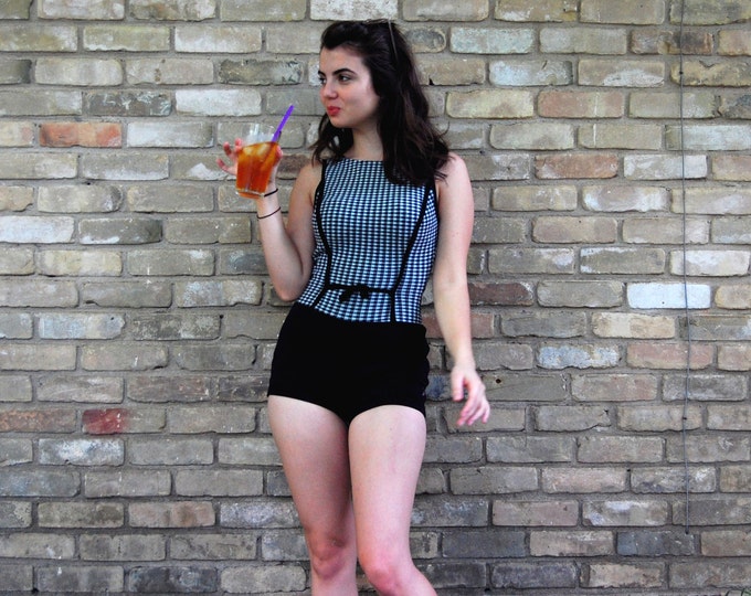 1950s SWIMSUIT One Piece Pin up Black Checkered Boy Shorts Etsy