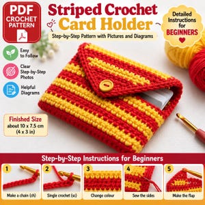 Crochet Card Holder Pattern PDF, Crochet Wallet Tutorial, Striped Card Pouch Pattern, Beginner Crochet Project, Digital Download