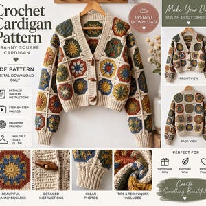 May include: A crochet cardigan pattern featuring a granny square design with a V-neck, long sleeves, and wooden toggle buttons. The digital download includes detailed written instructions, step-by-step photos, and sizing from S to 5XL.