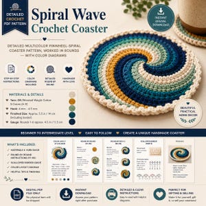 May include: A digital PDF crochet pattern for a spiral wave coaster. The document features a circular coaster with a pinwheel design in cream, sage, gold, teal, and navy. It includes step-by-step instructions, color diagrams, and a 5.5 inch size.