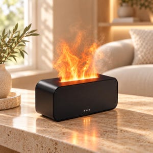 Peut inclure: Un diffuseur électronique noir de forme rectangulaire aux bords arrondis, émettant une brume réaliste orange et jaune semblable à une flamme par le haut. L'appareil présente trois petits voyants blancs sur la façade et une finition mate.