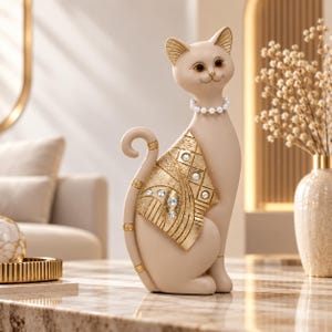 May include: A beige cat figurine featuring a gold-colored decorative panel on its side with embedded clear crystals. The cat wears a white pearl-style necklace and has gold-colored bands around its tail. The sculpture has a smooth finish.