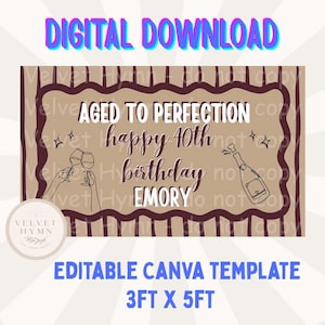 May include: A digital download birthday banner template with the text "Aged to Perfection, Happy 40th Birthday Emory". The design includes illustrations of champagne and wine glasses. The banner is 3ft x 5ft.