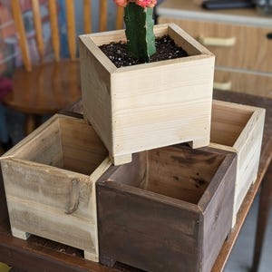 Peut inclure: Un ensemble de trois jardinières carrées en bois avec de petits pieds à la base. Deux jardinières présentent une finition en bois clair naturel, tandis qu'une est teintée en brun foncé. Un petit cactus vert au sommet rose est planté dans la jardinière.