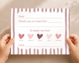 Kid Thank You Card Set Fill Blank Heart Design Pink Gratitude Dusty Rose Birthday Party Children Gratitude Note Writing Classroom Teacher