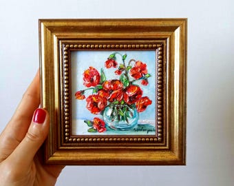 Original Poppy Oil Painting, Small Framed Floral Artwork, Mini Impasto Flower Art, Mini Canvas Red Poppies in Vase, 10x10 Golden Sunshine