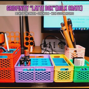 May include: A Gridfinity Latte Box desktop organizer set featuring multiple stackable plastic milk crates in orange, lavender, yellow, green, and pink. The crates contain custom inserts holding pens, batteries, and small items, with text reading GRIDFINITY LATTE BOX (MILK CRATE) DESKTOP ORGANIZER - STACKABLE - WITH CUSTOM INSERTS.