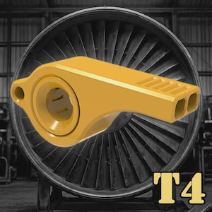 May include: A bright yellow whistle with a rectangular body and two openings at the end. The whistle has a circular opening on the side and is set against a background of a jet engine. The text "T4" is displayed in the lower right corner.