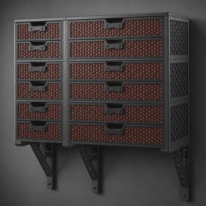 Puede incluir: Un mueble de almacenamiento negro montado en la pared con múltiples cajones. Los cajones tienen un patrón de panal de abeja rojo y manijas negras. La unidad está soportada por soportes negros, ofreciendo una estética moderna e industrial. Ideal para organizar objetos pequeños.