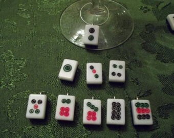 Mahjong Wine Charms - Set of 9 Circle Dots Wine Charms made from mini Mahjong tiles