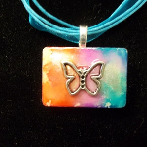 OOAK Tye Dye Butterfly altered art alcohol ink dyed handcrafted Rummikub Game Piece Pendant Necklace