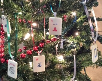 Set of 4 Mahjong Tile Christmas Tree Ornaments - Individual Plastic Tiles with ribbon hanger
