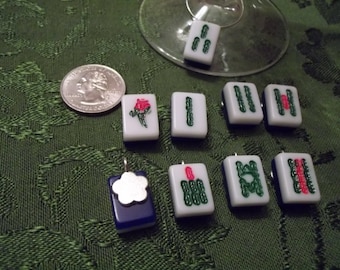 Mahjong Wine Charms - Set of 9 Bams Bamboo Wine Charms made from mini Mahjong tiles