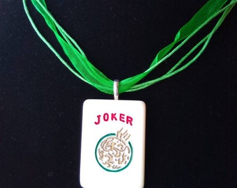 Mahjong Joker handcrafted Game Piece Pendant Necklace on ribbon voile or leather necklace