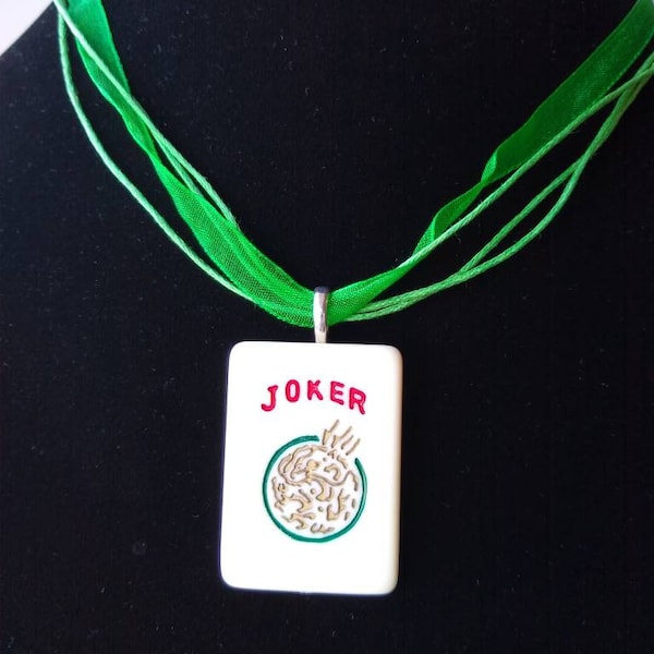 Mahjong Joker handcrafted Game Piece Pendant Necklace on ribbon voile or leather necklace
