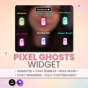 May include: A digital widget display featuring six pixelated ghost icons in yellow, pink, green, magenta, light blue, and white. Text labels include idomsoni, domsondesign, Mod_Ghost, VIP_Ghost, Spooky_Boo, Viewer_Ghost, and Boo! Welcome! with a ghost icon.