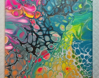 Quadro con tecnica di colatura acrilica, 15 x 15 cm, celle fluide (Oceano Neon)
